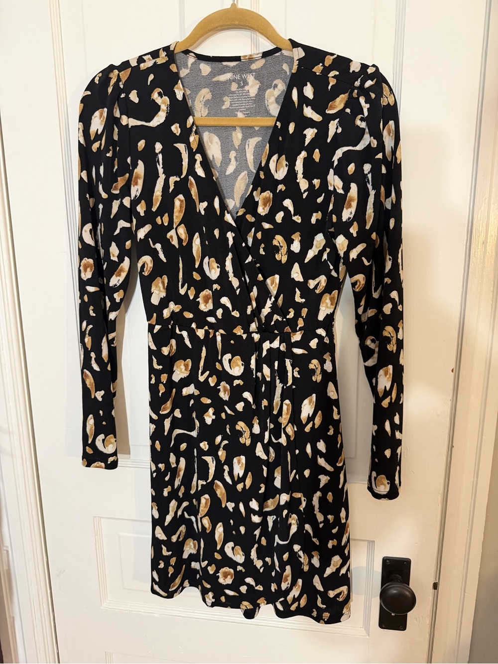 Nine West Black Long-Sleeve Wrap Dress with Cream and Brown Spot Print